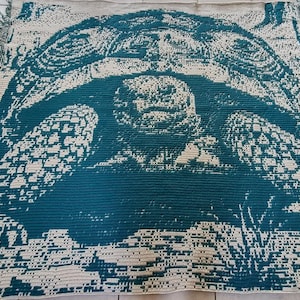 Puede incluir: Una manta tejida de color verde azulado y crema con un gran diseño de tortuga. La tortuga está representada en un estilo pixelado, con patrones detallados en su caparazón y cuerpo. La manta tiene bordes con flecos.