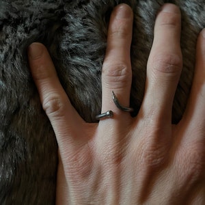 May include: A silver ring with a pointed, curved design. The ring is worn on the middle finger of a hand.