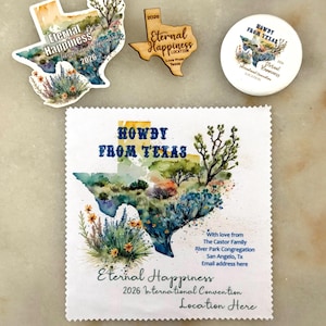 May include: A collection of Texas-themed souvenirs, including a sticker, a wooden cutout, a button, and a fabric square. Each item features a watercolor design of the Texas map with the text "Eternal Happiness" and "Howdy From Texas".