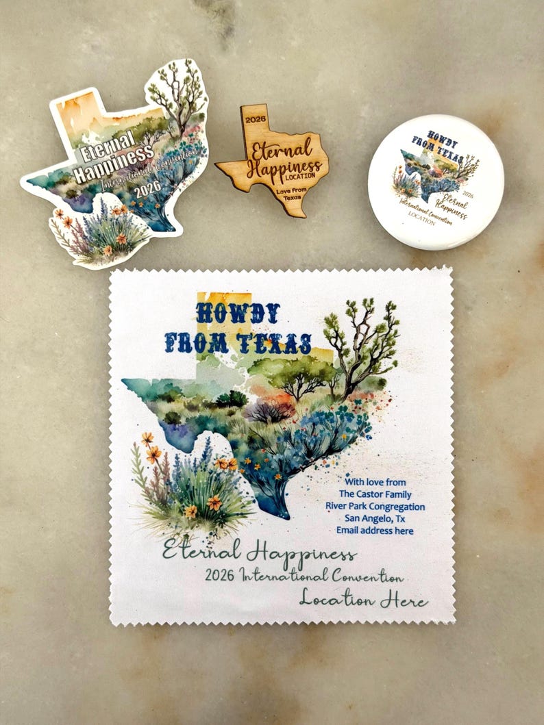 May include: A collection of Texas-themed souvenirs, including a sticker, a wooden cutout, a button, and a fabric square. Each item features a watercolor design of the Texas map with the text "Eternal Happiness" and "Howdy From Texas".