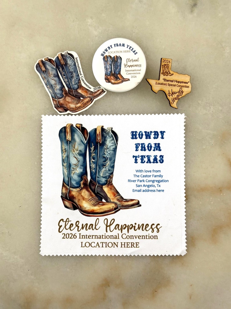 May include: A collection of souvenirs featuring cowboy boots. Includes a sticker, a button, and a wooden cutout in the shape of Texas, all with the text "Eternal Happiness 2026 International Convention". The main image is a card with the text "Howdy from Texas".