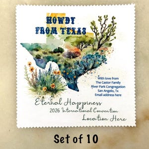 May include: A set of 10 white square cards with a watercolor illustration of the Texas state outline. The design includes the text "HOWDY FROM TEXAS" and "Eternal Happiness". Additional text includes "2026 International Convention" and a location.