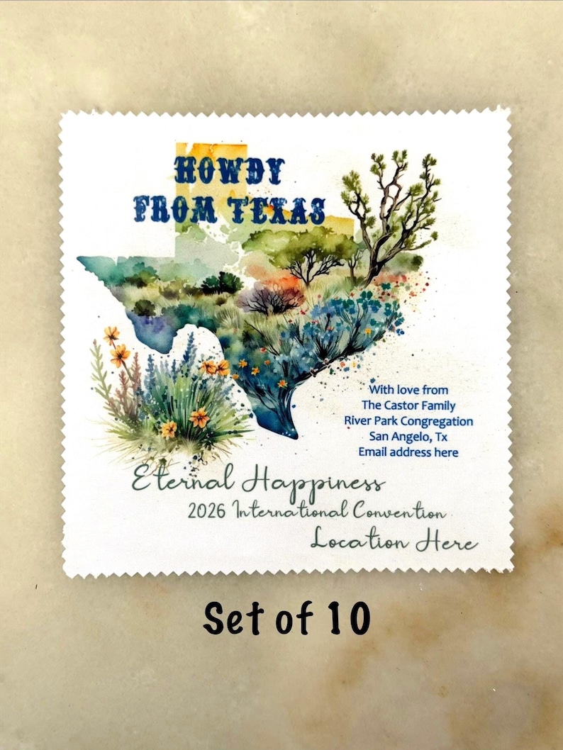 May include: A set of 10 white square cards with a watercolor illustration of the Texas state outline. The design includes the text "HOWDY FROM TEXAS" and "Eternal Happiness". Additional text includes "2026 International Convention" and a location.