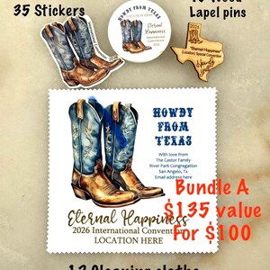 May include: A collection of Texas-themed merchandise including stickers, buttons, and wooden lapel pins. The stickers and pins feature cowboy boots and the text "Howdy From Texas" and "Eternal Happiness". The bundle also includes cleaning cloths.