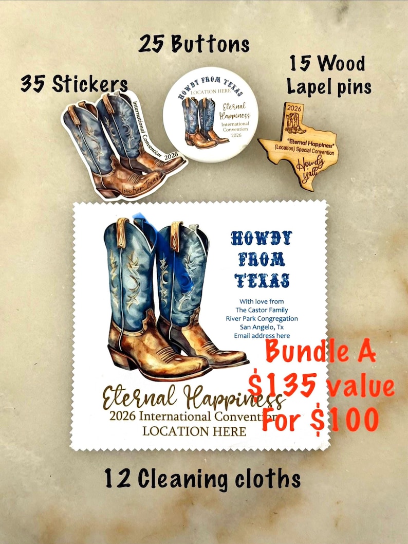May include: A collection of Texas-themed merchandise including stickers, buttons, and wooden lapel pins. The stickers and pins feature cowboy boots and the text "Howdy From Texas" and "Eternal Happiness". The bundle also includes cleaning cloths.
