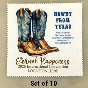 May include: A white card with a decorative edge featuring a watercolor illustration of cowboy boots. The text "HOWDY FROM TEXAS" is in blue, with additional text below. The card also includes the text "Eternal Happiness 2026 International Convention LOCATION HERE" and "Set of 10".