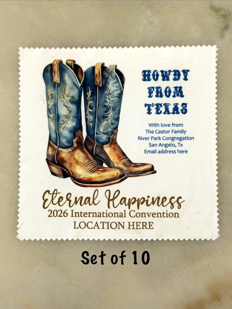 May include: A white card with a decorative edge featuring a watercolor illustration of cowboy boots. The text "HOWDY FROM TEXAS" is in blue, with additional text below. The card also includes the text "Eternal Happiness 2026 International Convention LOCATION HERE" and "Set of 10".