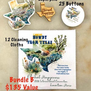 May include: A collection of Texas-themed items, including 35 stickers, 15 wood lapel pins, 25 buttons, and 12 cleaning cloths. The items feature the text "Eternal Happiness" and "Howdy From Texas" with a watercolor Texas map design.