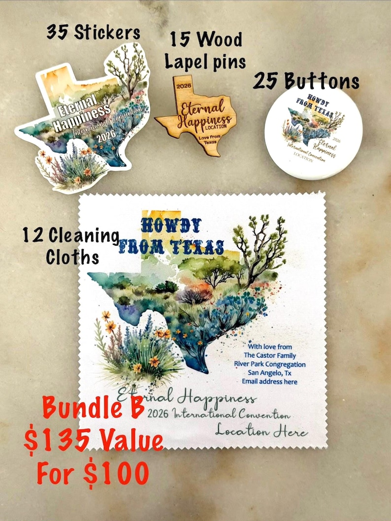May include: A collection of Texas-themed items, including 35 stickers, 15 wood lapel pins, 25 buttons, and 12 cleaning cloths. The items feature the text "Eternal Happiness" and "Howdy From Texas" with a watercolor Texas map design.