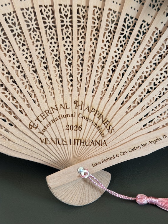 Personalized Sandalwood Hand Fan: Engraved Floral JW International Convention Gift