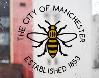 City Of Manchester Est. 1853 Bee Window Sticker - Clear Vinyl Decal Manchester Worker Bee Mancunian Gift Save the Bees