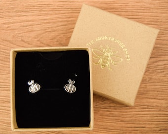 Solid Cartoon Bee Sterling Silver Studs - Manchester Bee Jewellery - Lovely Gift for Wife/ Girlfriend/ Mum