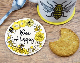 Bee Happy Coaster | Produced in UK | Save the Bees, Gift for Mum, Mother's Day, Gift for Her, Kindness Nature Cute Floral