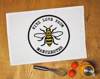 With Love From Manchester Tea Towel • Northern City Design • Cotton Homeware • Mancunian Gift • Made in UK Kitchen Decor