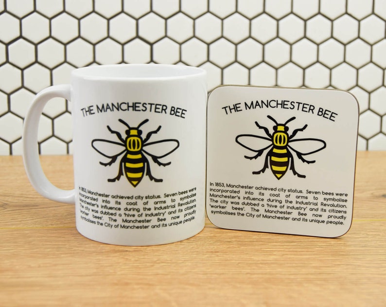 History of the Manchester Worker Bee Mug Produced in UK Manc and Proud Mancunian Save the Bees Mug & Coaster Set