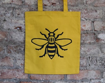 Manchester Worker Bee Mustard Tote Bag - Produced in UK - Black Bee Logo Mancunian Gift 100% Cotton