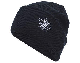 Manchester Bee Black Beanie Hat - Embroidered Worker Bee Logo Mancunian Hipster Gift Knitwear Cosy