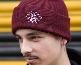 Manchester Bee Burgundy Beanie Hat - Embroidered Worker Bee Logo Mancunian Hipster Gift Knitwear Cosy