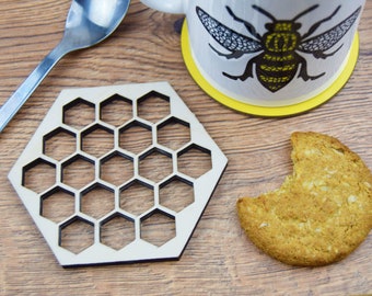 Wooden Honeycomb Hexagonal Coaster - Produced in UK - Manchester Worker Bee Mancunian Save the Bees Gift