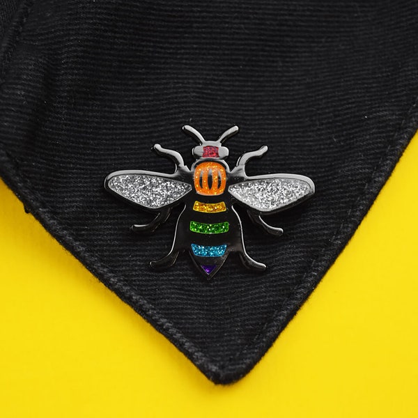 Glitter Rainbow Manchester Bee Enamel Pin Badge - Enamel Nickel-Free Metal Brooch - Manc & Proud Pride LGBTQ