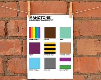 Colours of Manchester A4 Print | Made in UK | Manchester Pantone Inspired Gravy Mint Vimto Canal Street Pankhurst Worker Bee