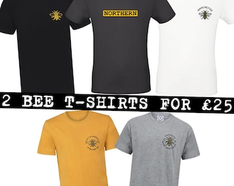 2 Manchester Bee T-Shirts for GBP25! • Mancunian Gift Bee Lover Northerner Tee Offer