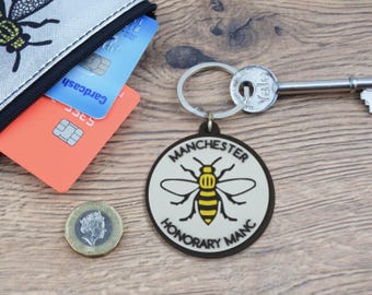 Honorary Manc Rubber Keyring • Manchester Bee Design • Mancunian Gift • Fun Northern Accessory • Perfect Small Present for Manchester Fans