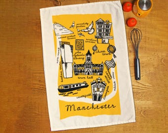Manchester Landmarks Tea Towel • Northern Kitchen Decor • Iconic City Design • Mancunian Gift • Cotton Homeware • Made in UK Souvenir