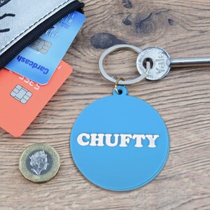 May include: A blue circular keychain with the word "CHUFTY" in white block letters. The keychain is next to a silver key, a coin, a wallet with credit cards, and a silver zipper. The background is a wooden surface.