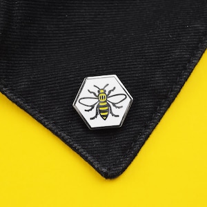 Manchester Bee Hexagon Enamel Pin Badge - Nickel-Free Metal Brooch - Made in UK - Worker Bee Mancunian