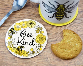 Bee Kind Coaster | Produced in UK | Save the Bees, Gift for Mum, Mother's Day, Gift for Her, Kindness Nature Cute Floral