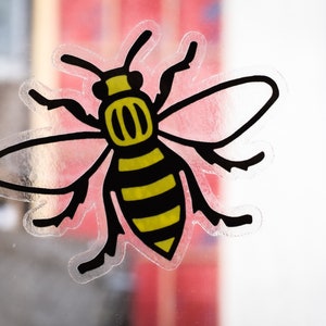 Adhesivo para ventana con abeja de Manchester: vinilo transparente, abeja obrera amarilla de Manchester