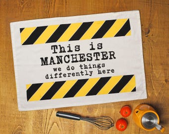 This Is Manchester Tea Towel • Iconic Northern Quote Design • Mancunian Kitchen Gift • Cotton Homeware • Made in UK • Manc Pride