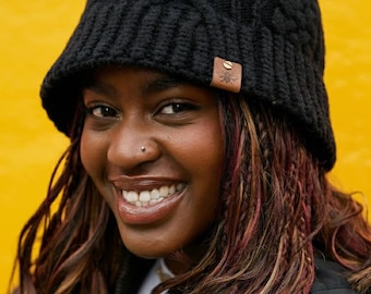 Aran Cable Knitted Bee Tag Bucket Hat