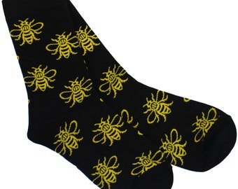 Black Manchester Worker Bee Socks • Cosy Northern Style Gift • Mancunian Pride • Two Sizes Available • Bee Lover Present Idea