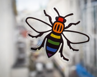 Rainbow Bee Window Sticker • Clear Vinyl Manchester Bee Decal • Worker Bee LGBTQ Pride • Mancunian Gift • Northern Style Decor