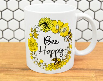 Bee Happy Mug | Produced in UK | Save the Bees, Gift for Mum, Gift for Her, Mother's Day