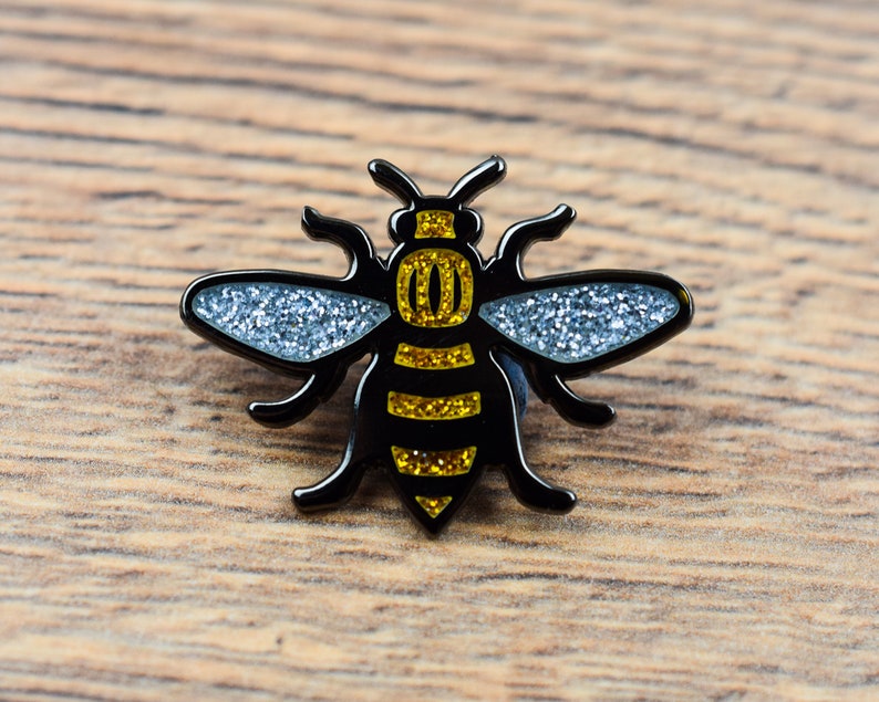 Gold Glitter Manchester Bee Pin Badge Enamel Nickel-Free Metal Brooch Made in UK Worker Bee Mancunian image 2