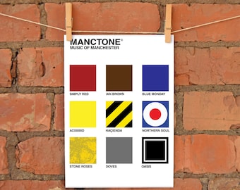 Colours of Manchester Music A4 Print | Made in UK | Manchester The Smiths Britpop Indie Pantone Inspired Blue Monday Northern Soul