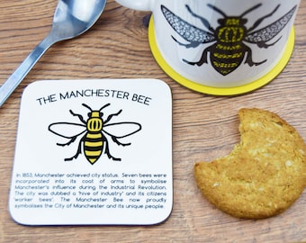 History of the Manchester Worker Bee Coaster - Produced in UK - Manc and Proud Mancunian Save the Bees