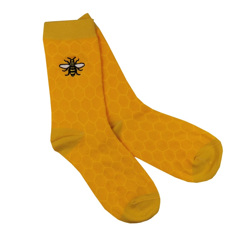 Yellow Honeycomb Manchester Bee Socks Cotton, Adult Size Worker Bee Logo Mancunian Clothing Gift Save the Bees image 1