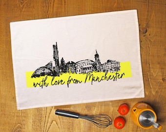 With Love From Manchester Skyline Tea Towel • Northern City Design • Cotton Homeware • Mancunian Gift • Made in UK Kitchen Decor