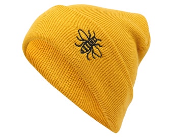 Manchester Bee Mustard Beanie Hat - Embroidered Worker Bee Logo Mancunian Hipster Gift Knitwear Cosy