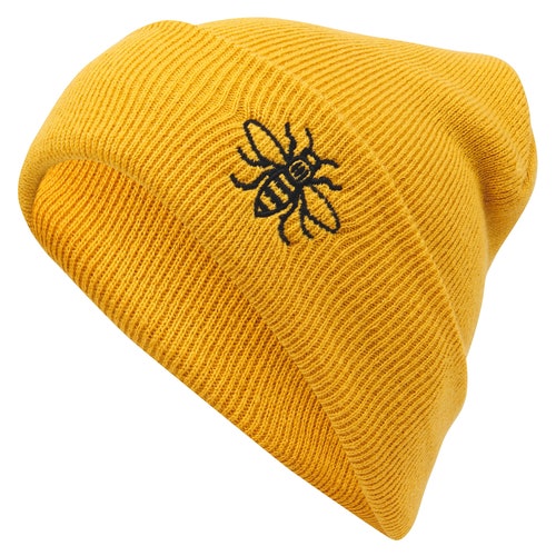 Manchester Bee Mustard Beanie Hat - Embroidered Worker Bee Logo Mancunian Hipster Gift Knitwear Cosy
