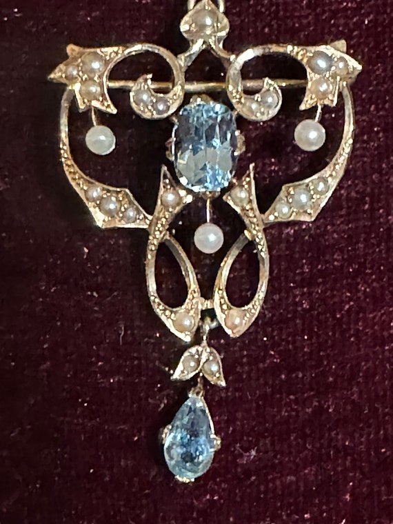 Vintage 16K Yellow Gold Blue Topaz and Seed Pearl… - image 4