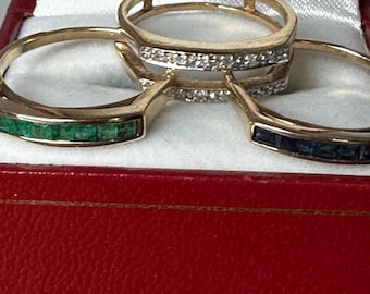 Unique and Vintage 10KP Yellow Gold 3-Piece Interchangeable Emerald and Sapphire Rings With Diamond Enhancer~Size 7