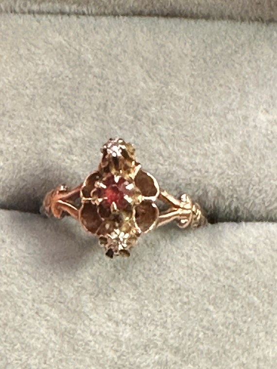 Antique 14K Rose Gold Belcher Set Garnet and Diamo