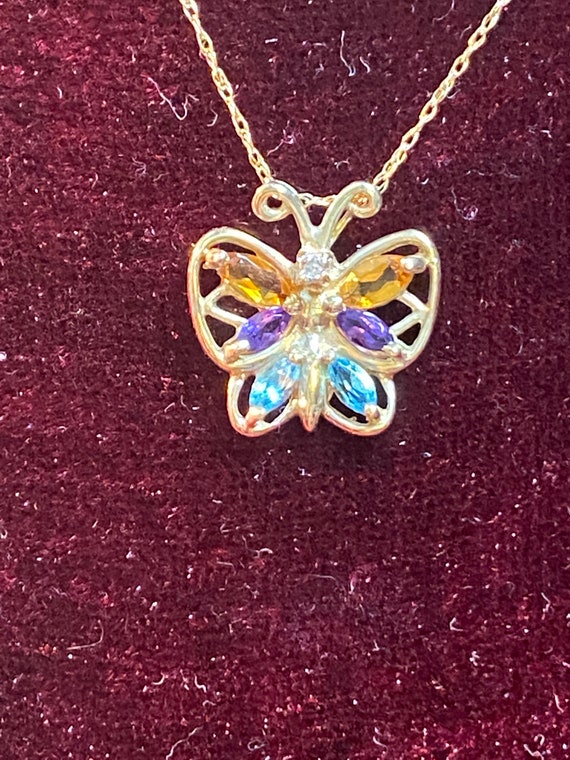 10K Yellow Gold Multi Gemstone Butterfly Pendant … - image 4