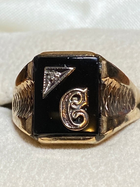 Vintage 10K Yellow Gold Black Onyx Signet Ring wi… - image 1