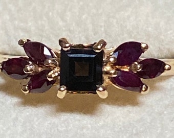 Vintage 10K Yellow Gold Smoky Quartz and Garnet Ring~Size 8
